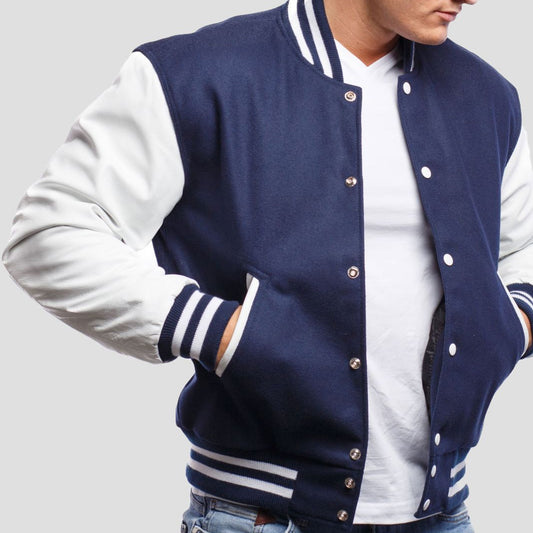 Royal Blue Wool Varsity Jacket with Bright White Leather Sleeves