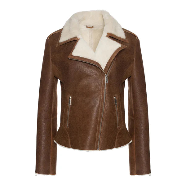 Women's Cognac Faux Shearling Straight Moto Leather Jacket