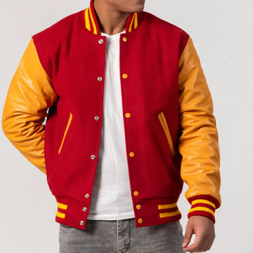 Scarlet Body Varsity Jacket with Bright Gold Leather Sleeves