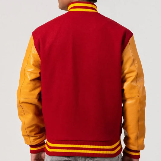 Scarlet Body Varsity Jacket with Bright Gold Leather Sleeves