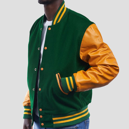 Kelly Green Wool Varsity Jacket with Bright Gold Leather Sleeves