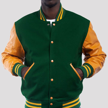 Kelly Green Wool Varsity Jacket with Bright Gold Leather Sleeves