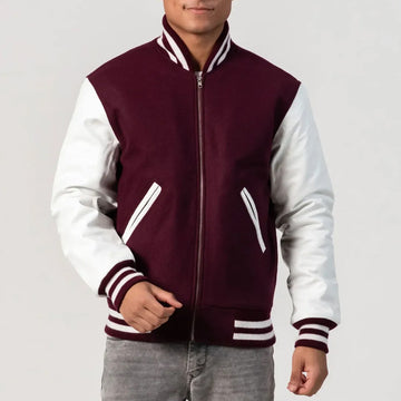 Maroon Wool Varsity Jacket with White Leather Sleeves and Zipper