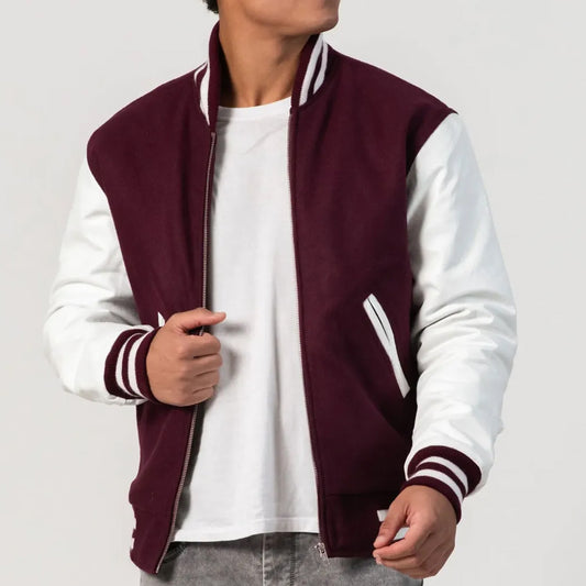 Maroon Wool Varsity Jacket with White Leather Sleeves and Zipper