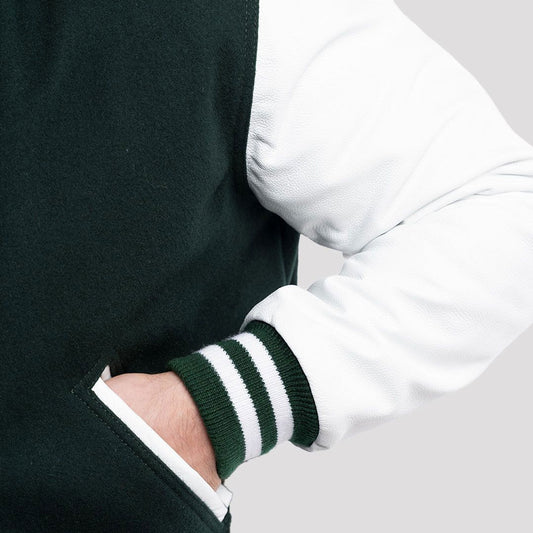 Dartmouth Green Wool Varsity Jacket with Bright White Leather Sleeves