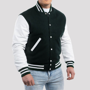 Dartmouth Green Wool Varsity Jacket with Bright White Leather Sleeves