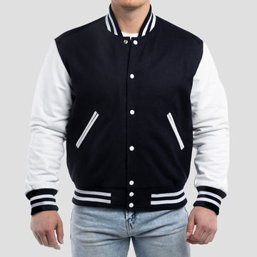 Navy Blue Wool Varsity Jacket with Bright White Leather Sleeves