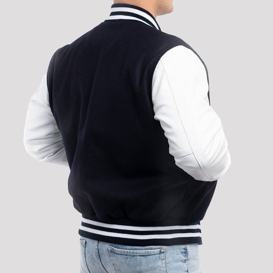 Navy Blue Wool Varsity Jacket with Bright White Leather Sleeves