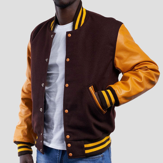 Brown Wool Varsity Jacket with Bright Gold Leather Sleeves