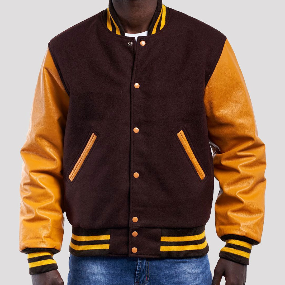 Brown Wool Varsity Jacket with Bright Gold Leather Sleeves