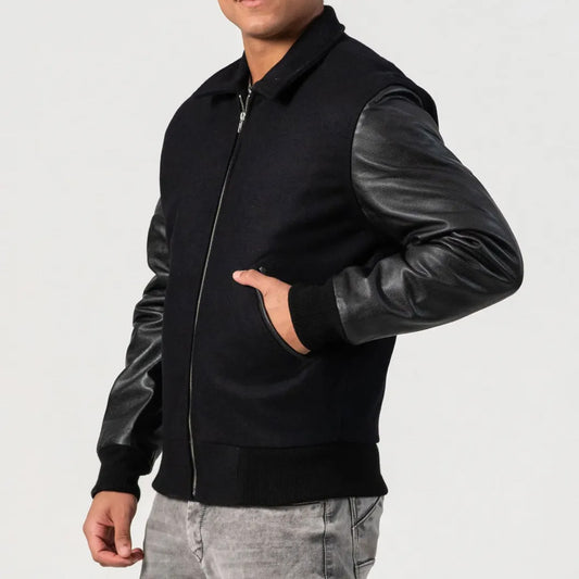 Black Body Jacket with Cowhide Leather Sleeves, Zipper, and Byron Collar