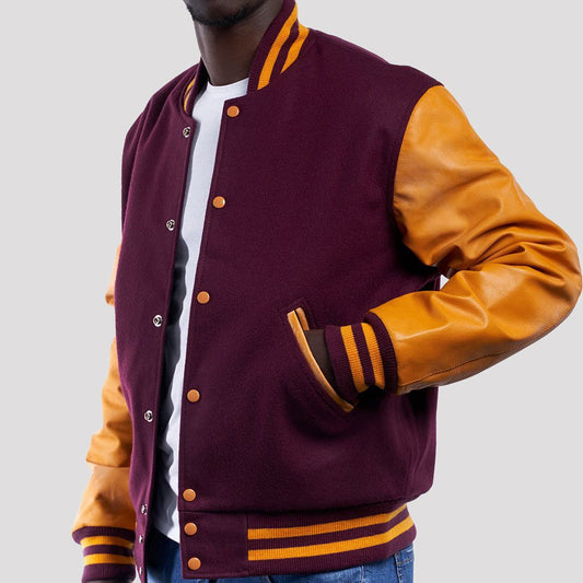 Maroon Wool Varsity Jacket with Bright Gold Leather Sleeves