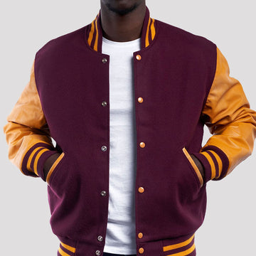 Maroon Wool Varsity Jacket with Bright Gold Leather Sleeves