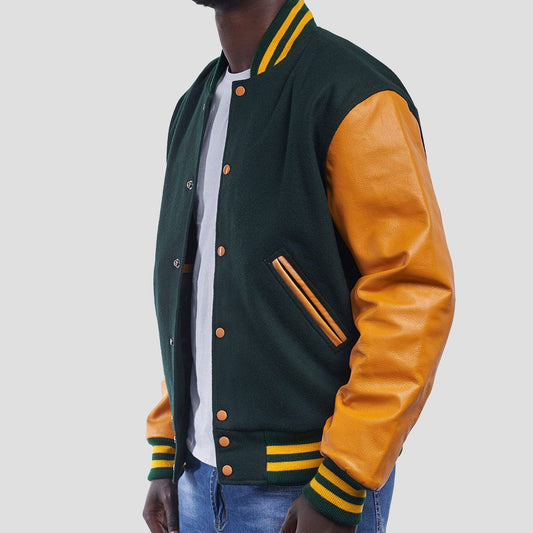 Dartmouth Green Wool Varsity Jacket with Bright Gold Leather Sleeves