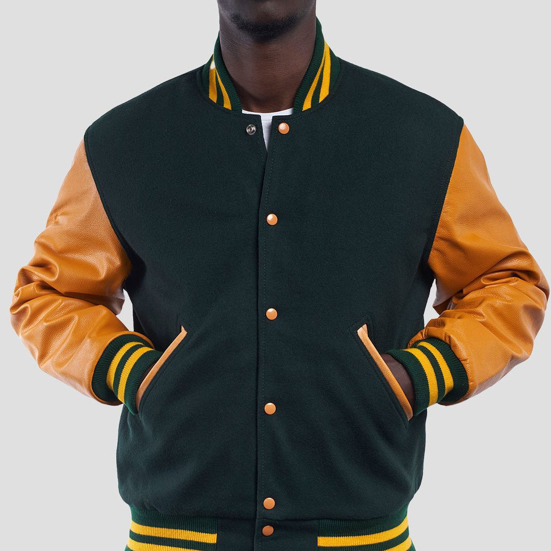 Dartmouth Green Wool Varsity Jacket with Bright Gold Leather Sleeves