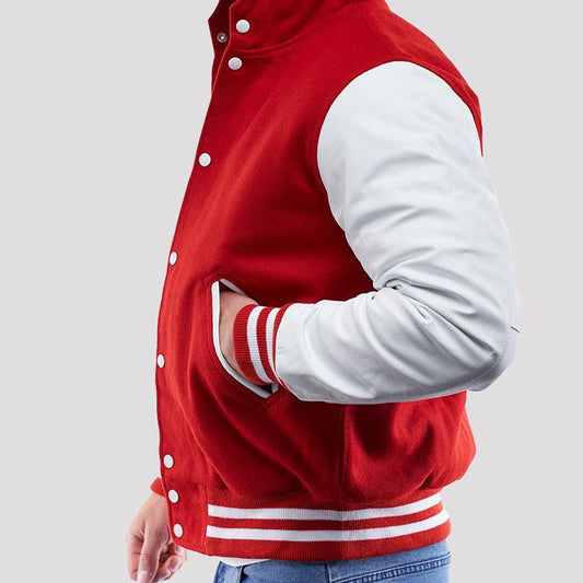 Scarlet Wool Varsity Hoodie Jacket with Bright White Sleeves