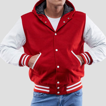 Scarlet Wool Varsity Hoodie Jacket with Bright White Sleeves