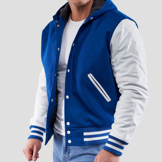 Bright Royal Wool Varsity Hoodie Jacket with Bright White Sleeves