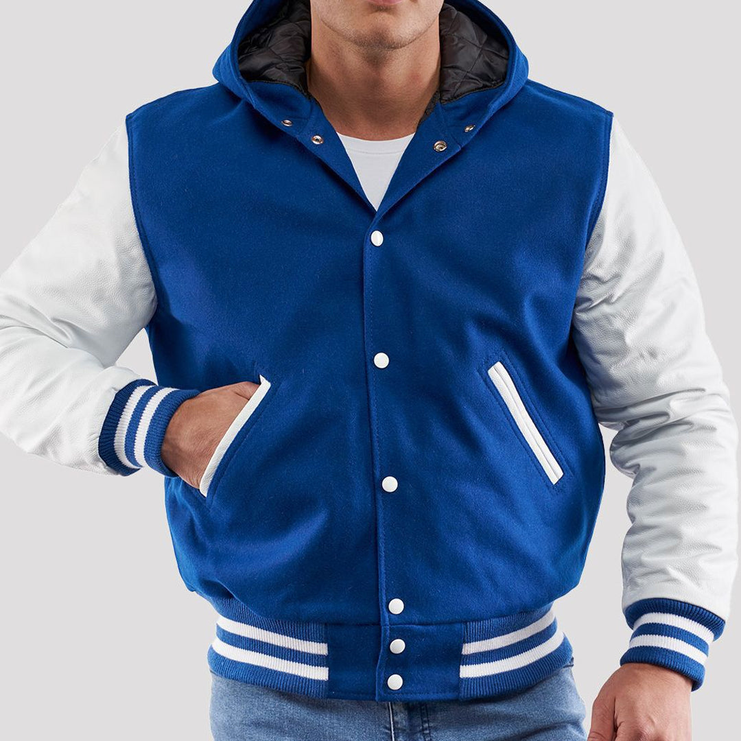 Bright Royal Wool Varsity Hoodie Jacket with Bright White Sleeves