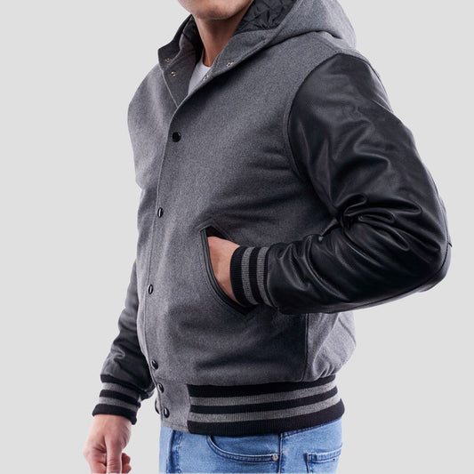 Light Oxford Wool Body Varsity Hoodie Jacket with Black Sleeves