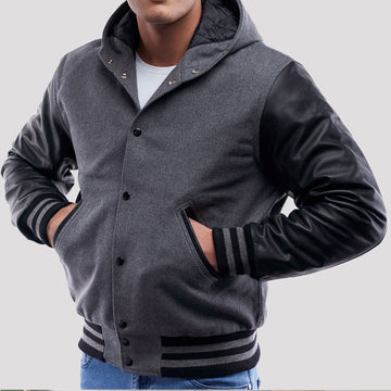 Light Oxford Wool Body Varsity Hoodie Jacket with Black Sleeves