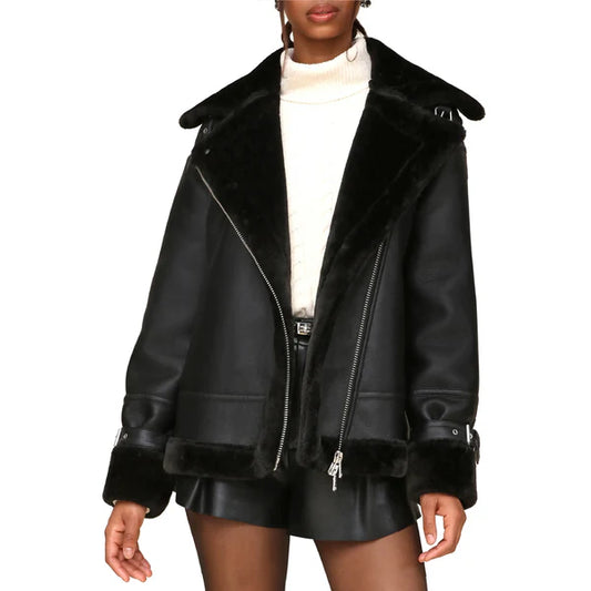 Women's Oversized Faux Shearling Moto Leather Jacket