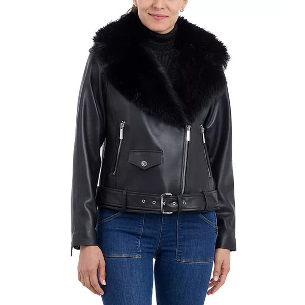 Women's Petite Faux Shearling Fur-Collar Moto Leather Coat