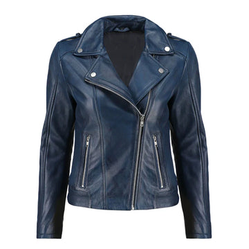 Women's Blue Zip-Up Handwaxed Moto Jacket