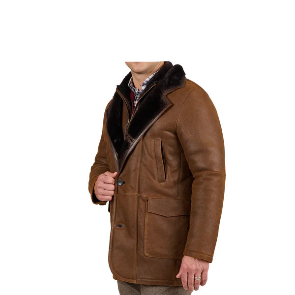 Brown Fur Double Shearling Genuine Leather Coat-Men Leather Coat-Premium Leather Store