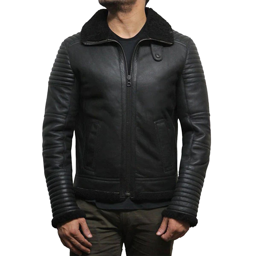 Men's Black Faux Shearling Flying Leather Jacket-Men Shearling Jacket-Premium Leather Store