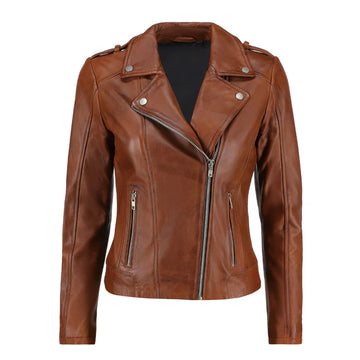 Women's Brown Zip-Up Handwaxed Moto Jacket