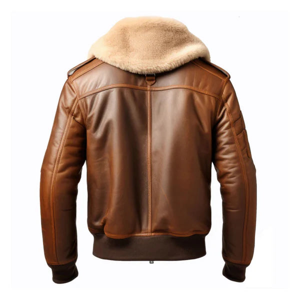 Men's Brown Aviator Casual Faux Shearling Lapel Leather Jacket-Men Shearling Jacket-Premium Leather Store