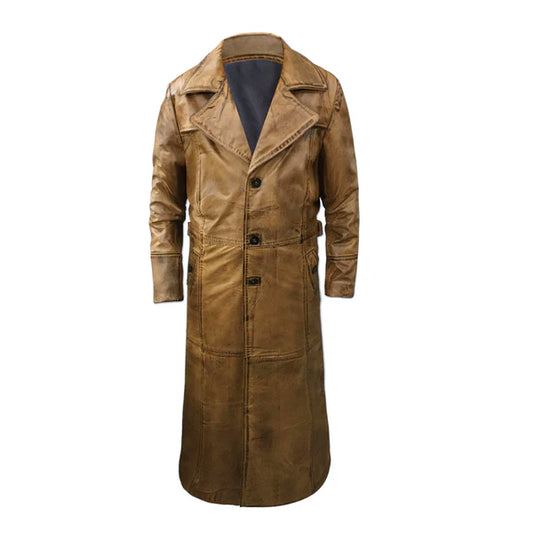 Brown Distressed Vintage Below Knee Long Leather Coat-Men Leather Coat-Premium Leather Store