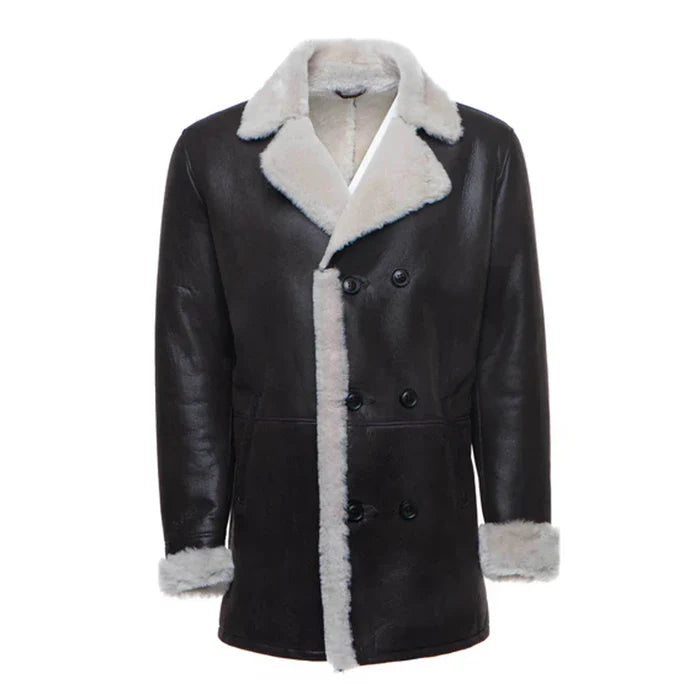 Black Jozef's Buttoned Shearling Leather Coat-Men Leather Coat-Premium Leather Store