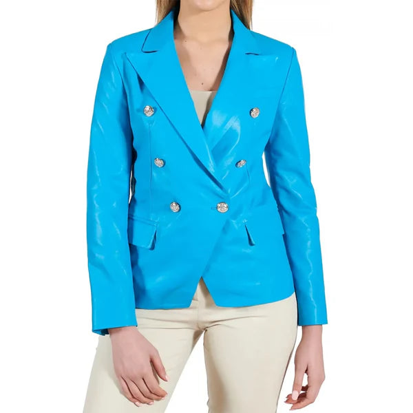 Women's Blue Double Breasted Leather Coat