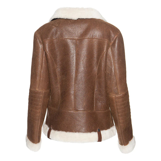 Women's White Faux Fur Merino Shearling Brown Leather Jacket-Women Shearling Jacket-Premium Leather Store