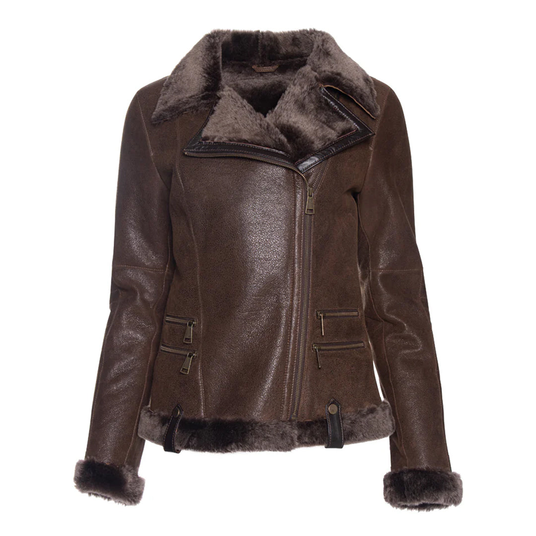 Women's Spanish Merino Faux Shearling Tobacco Leather Jacket