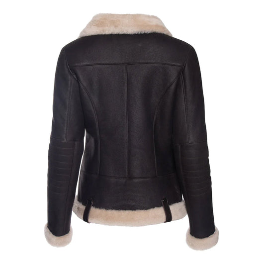 Women's Vanilla Faux Fur Merino Shearling Brown Leather Jacket