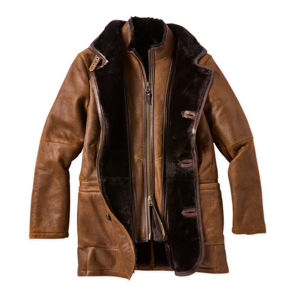 Brown Fur Double Shearling Genuine Leather Coat-Men Leather Coat-Premium Leather Store