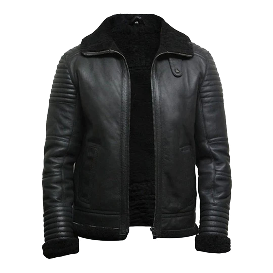 Men's Black Faux Shearling Flying Leather Jacket-Men Shearling Jacket-Premium Leather Store