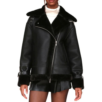 Women's Oversized Faux Shearling Moto Leather Jacket