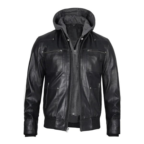 Men's Grey Hoodie Leather Jacket