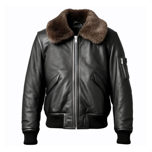 Men's Black B3 Aviation Faux Shearling Lapel Leather Jacket-Men Shearling Jacket-Premium Leather Store