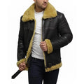 Men's Real Faux Shearling Bomber Black Leather Jacket-Men Shearling Jacket-Premium Leather Store