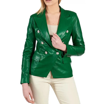 Women's Green Double Breasted Leather Coat