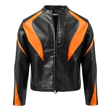 Men's Black Orange Cropped Biker Leather Jacket