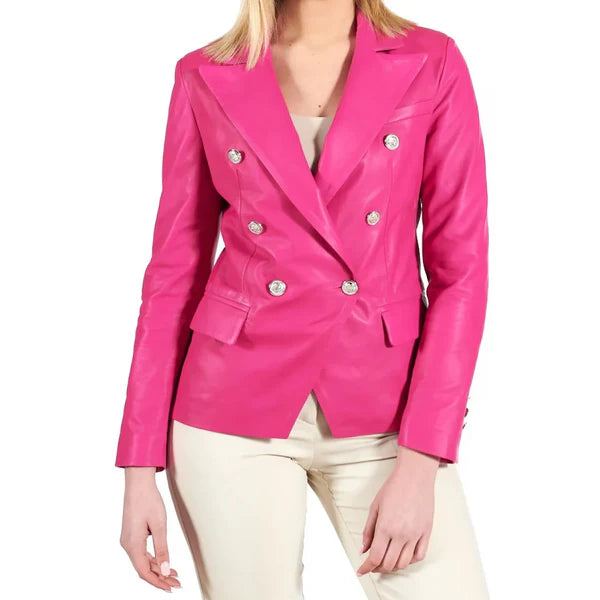 Women's Pink Double Breasted Leather Coat