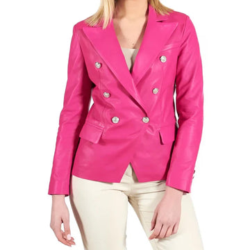 Women's Pink Double Breasted Leather Coat