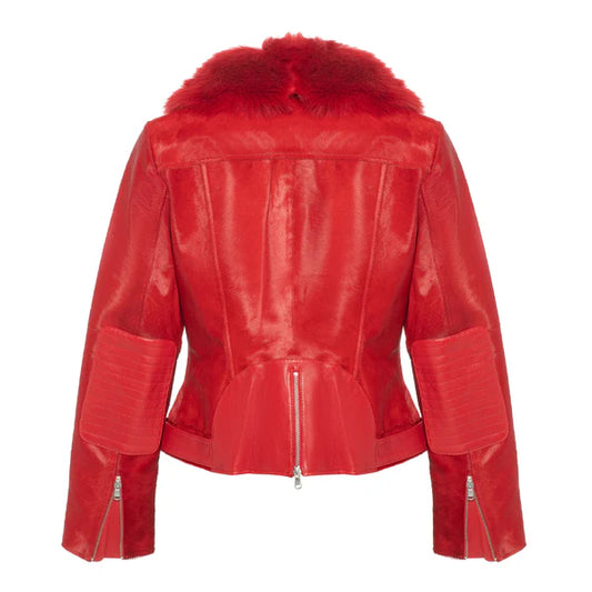 Women's Tara Calf Faux Shearling Red Fur Leather Jacket