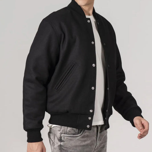 Sleek All-Black Customizable All-Wool Varsity Jacket